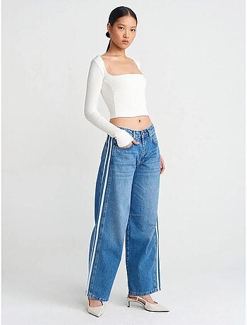 Jeans de ganga às riscas de cintura subida e perna larga e larga dilvin