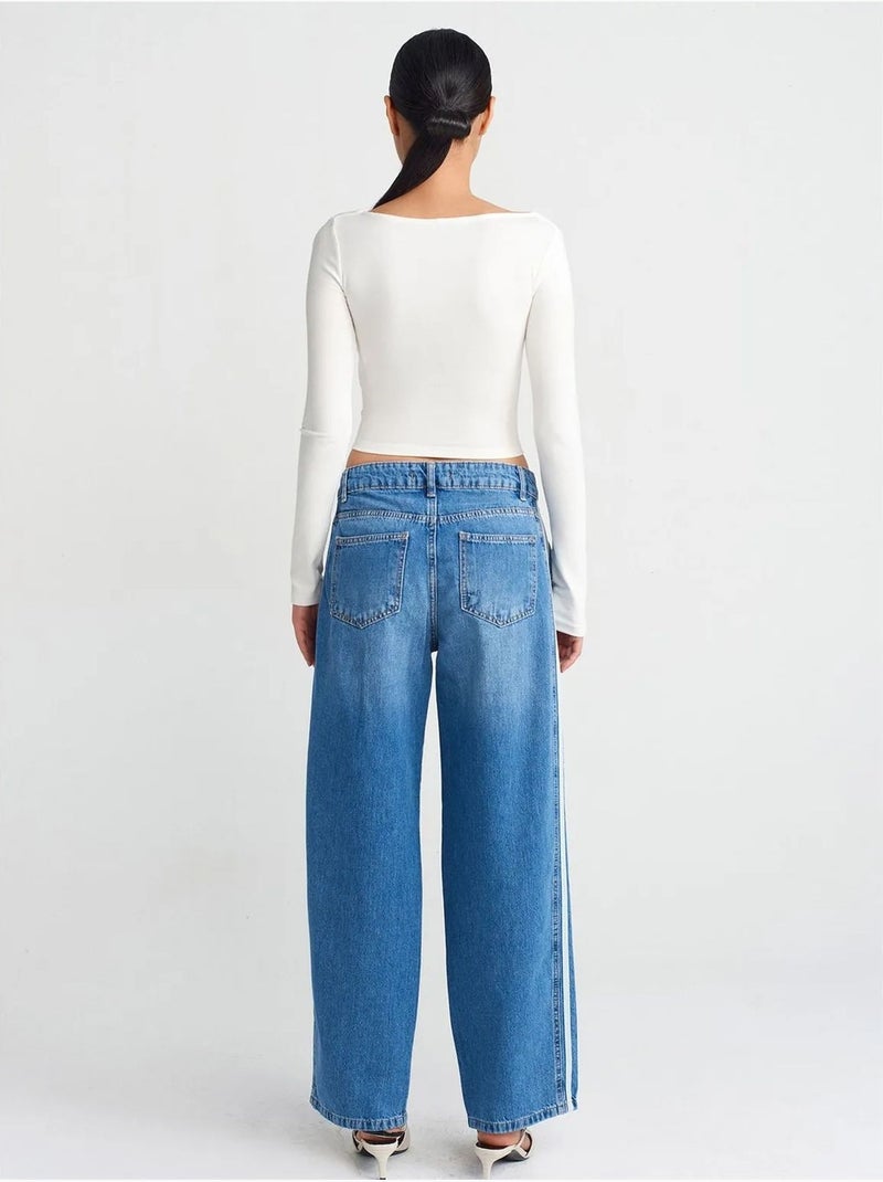 Jeans de ganga às riscas de cintura subida e perna larga e larga dilvin Azul-safira - Kiabi
