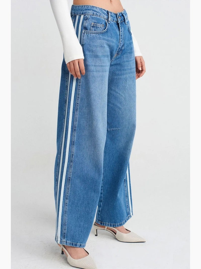 Jeans de ganga às riscas de cintura subida e perna larga e larga dilvin Azul-safira - Kiabi