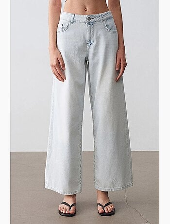 Jeans de ganga de algodão de cintura baixa e perna larga dilvin