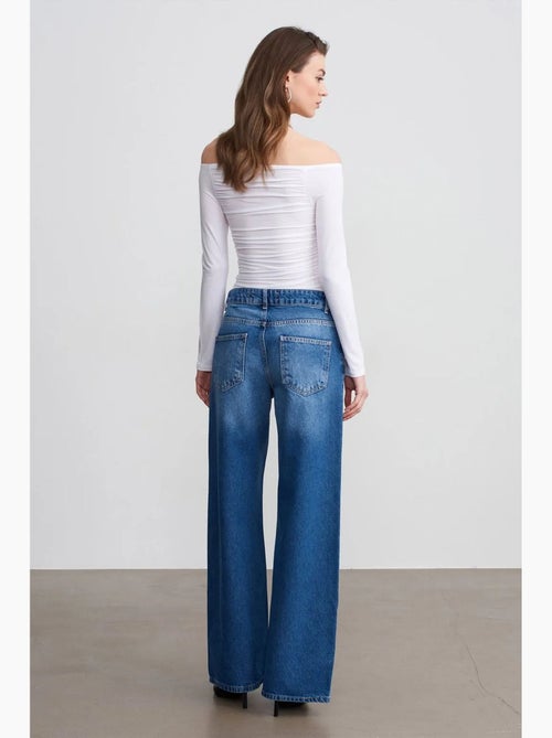 Jeans de ganga de algodão de cintura baixa e perna larga dilvin - Kiabi