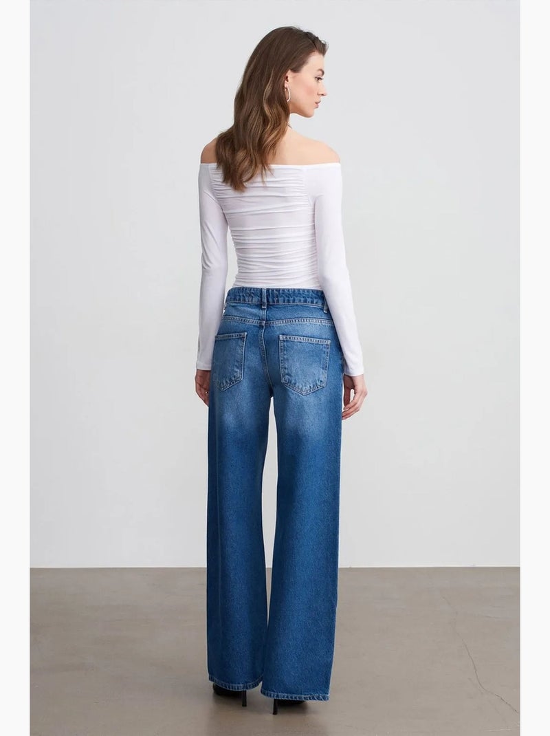 Jeans de ganga de algodão de cintura baixa e perna larga dilvin Azul-safira - Kiabi