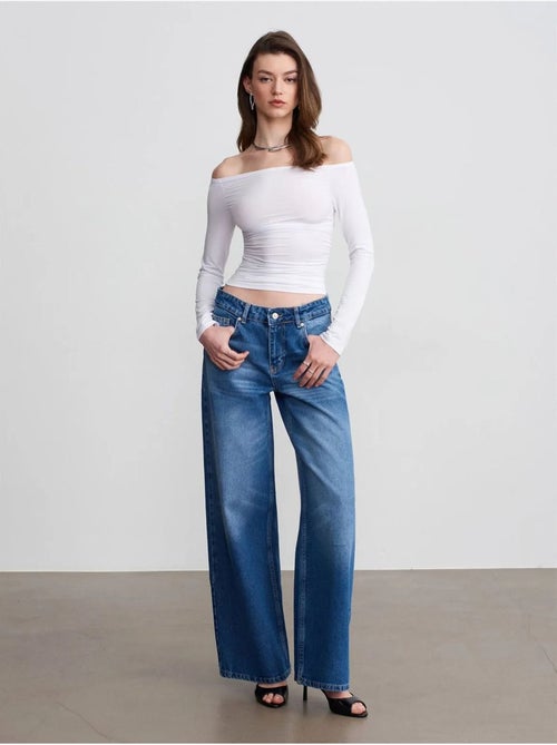 Jeans de ganga de algodão de cintura baixa e perna larga dilvin - Kiabi