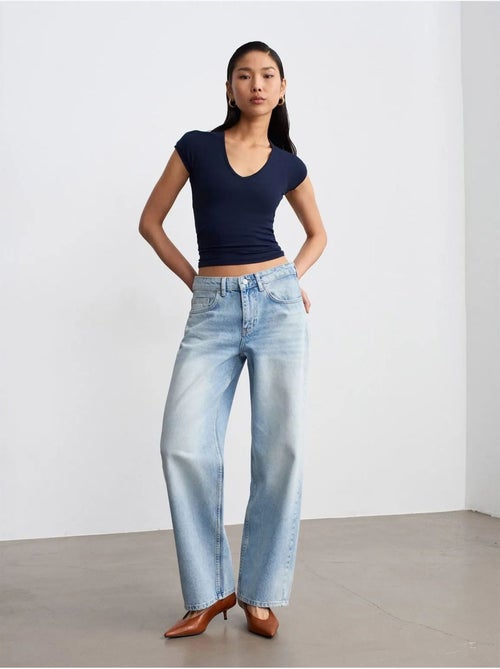 Jeans de ganga de algodão de cintura baixa e perna reta dilvin - Kiabi Jeans de ganga de algodão de cintura baixa e perna reta dilvin - Kiabi