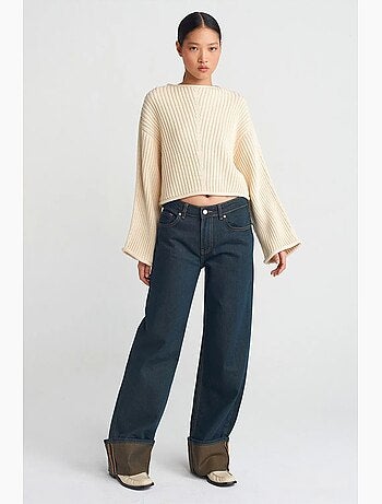 Jeans de ganga de algodão de cintura média e perna larga dilvin