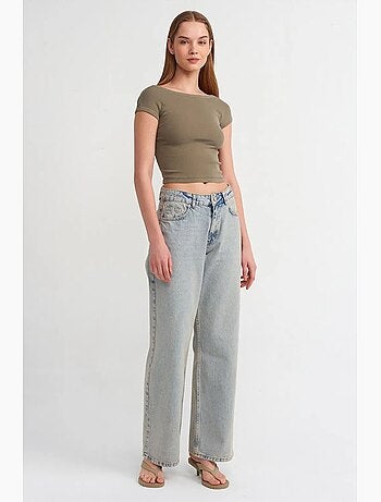 Jeans de ganga de algodão de cintura média e perna larga larga dilvin