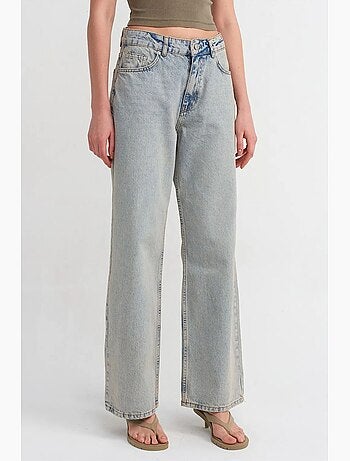Jeans de ganga de algodão de cintura média e perna larga larga dilvin