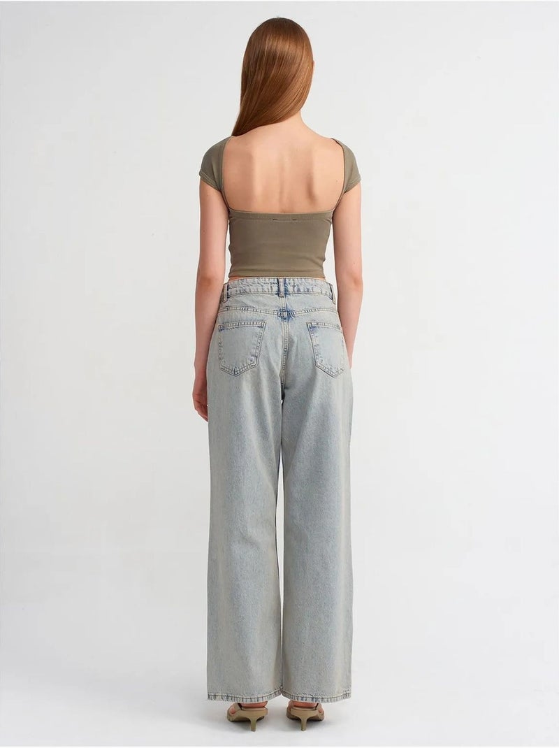 Jeans de ganga de algodão de cintura média e perna larga larga dilvin Azul claro - Kiabi