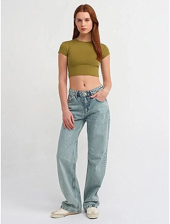 Jeans de ganga de algodão de cintura média e perna reta dilvin