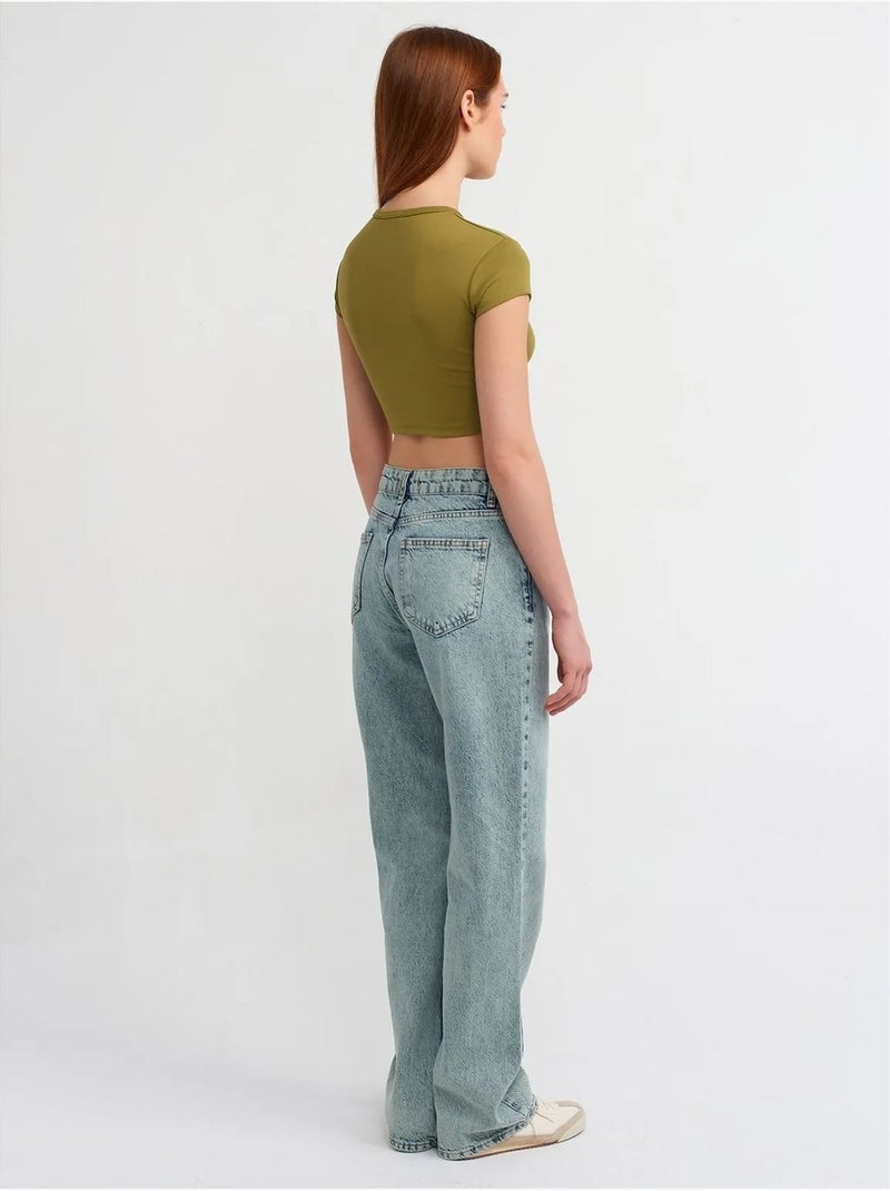Jeans de ganga de algodão de cintura média e perna reta dilvin Azul claro - Kiabi