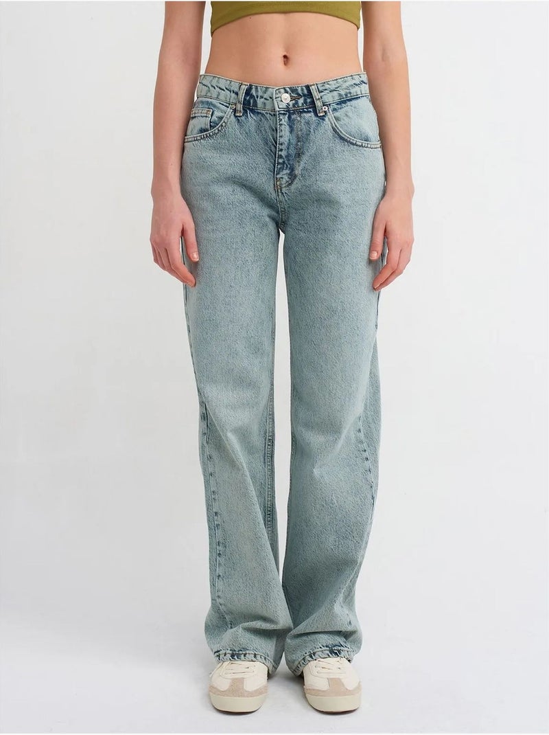 Jeans de ganga de algodão de cintura média e perna reta dilvin Azul claro - Kiabi