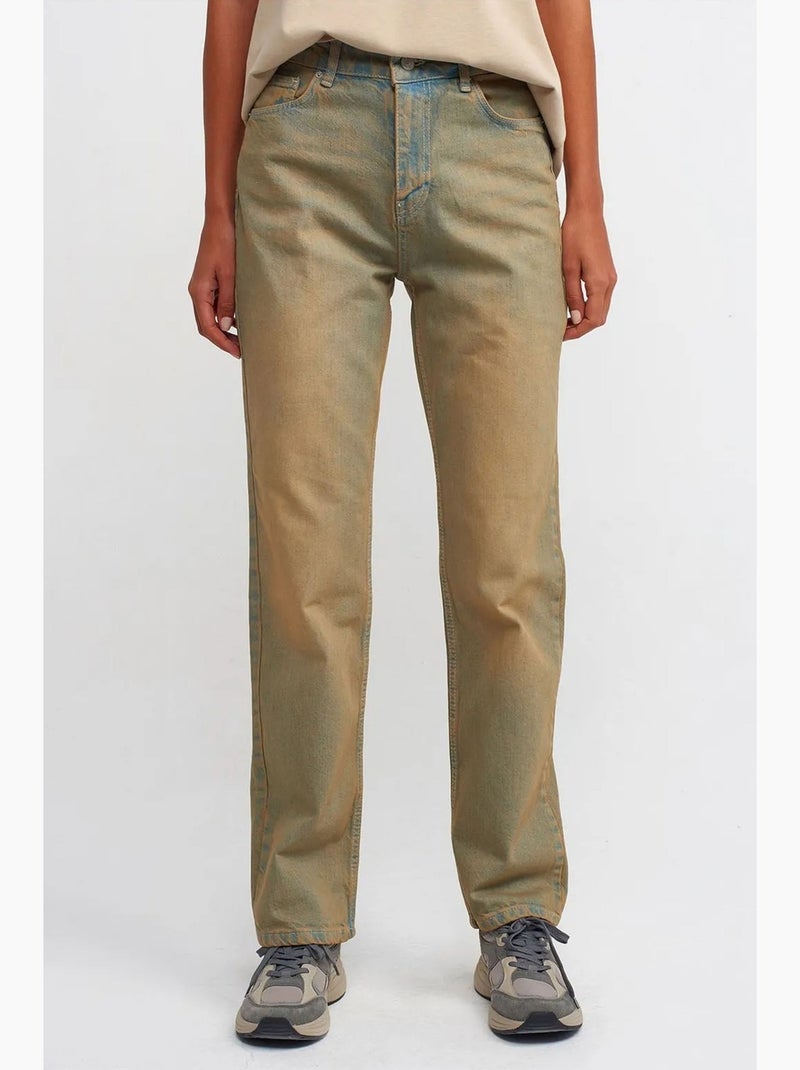 Jeans de ganga de algodão de cintura média e perna reta dilvin Cáqui - Kiabi
