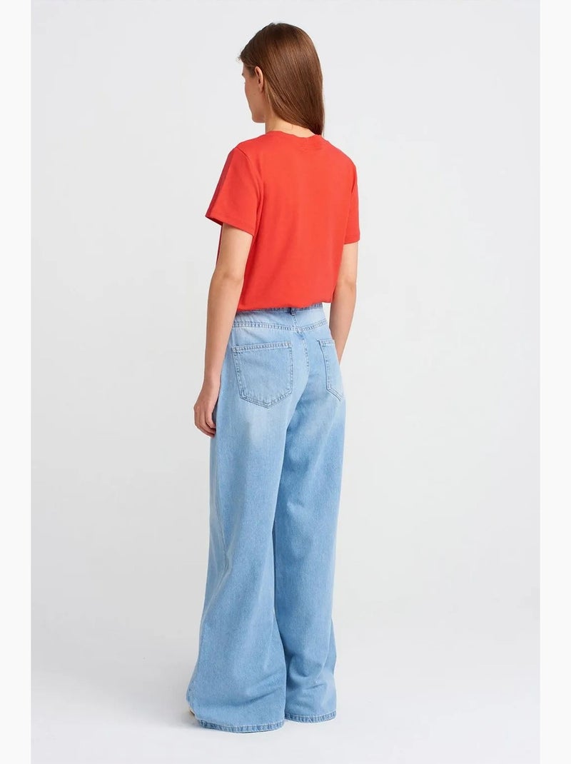 Jeans de ganga de algodão de cintura subida e perna larga dilvin Azul claro - Kiabi