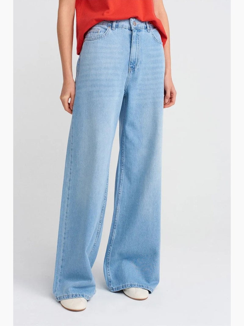 Jeans de ganga de algodão de cintura subida e perna larga dilvin Azul claro - Kiabi