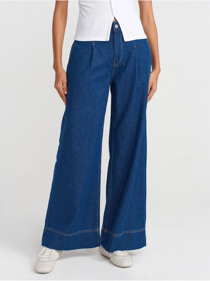 Jeans de ganga de algodão de cintura subida e perna larga dilvin Azul-safira - Kiabi