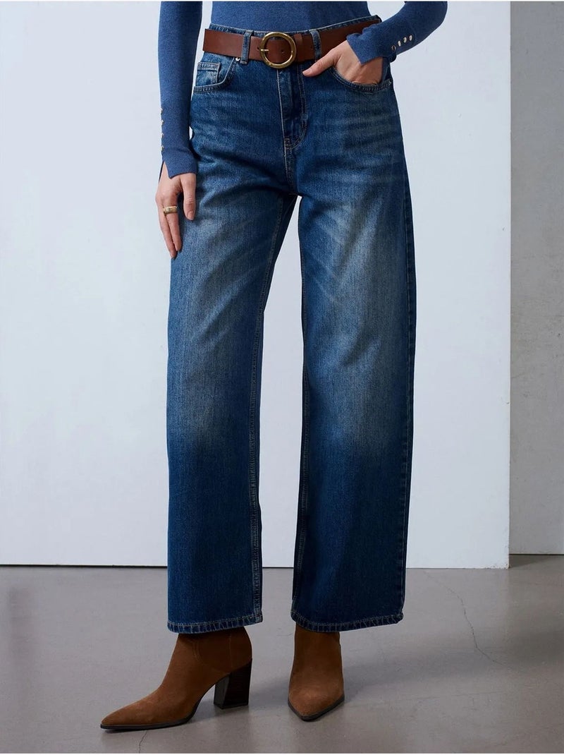 Jeans de ganga de algodão de cintura subida e perna larga dilvin Azul-safira - Kiabi