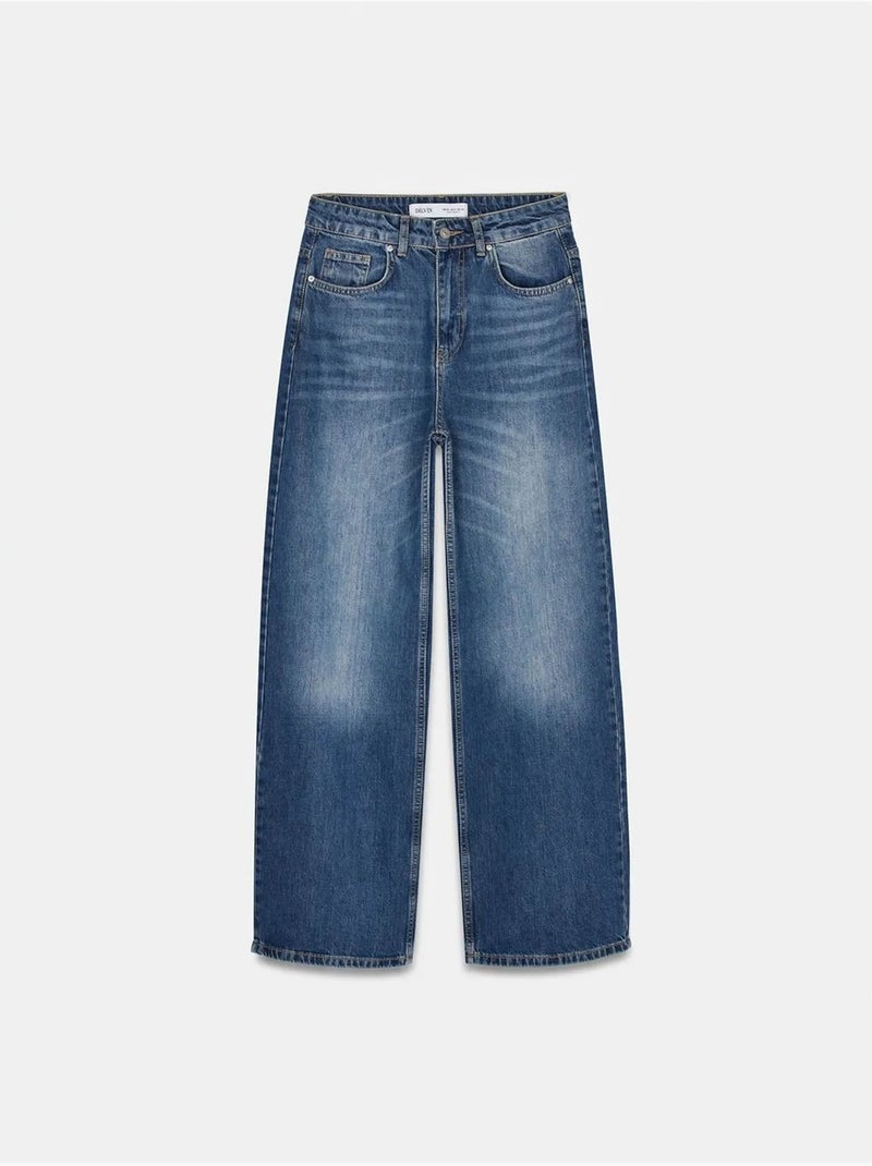 Jeans de ganga de algodão de cintura subida e perna larga dilvin Azul-safira - Kiabi