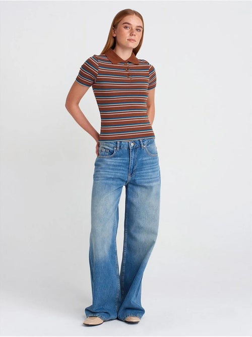 Jeans de ganga de algodão de cintura subida e perna larga dilvin - Kiabi Jeans de ganga de algodão de cintura subida e perna larga dilvin - Kiabi