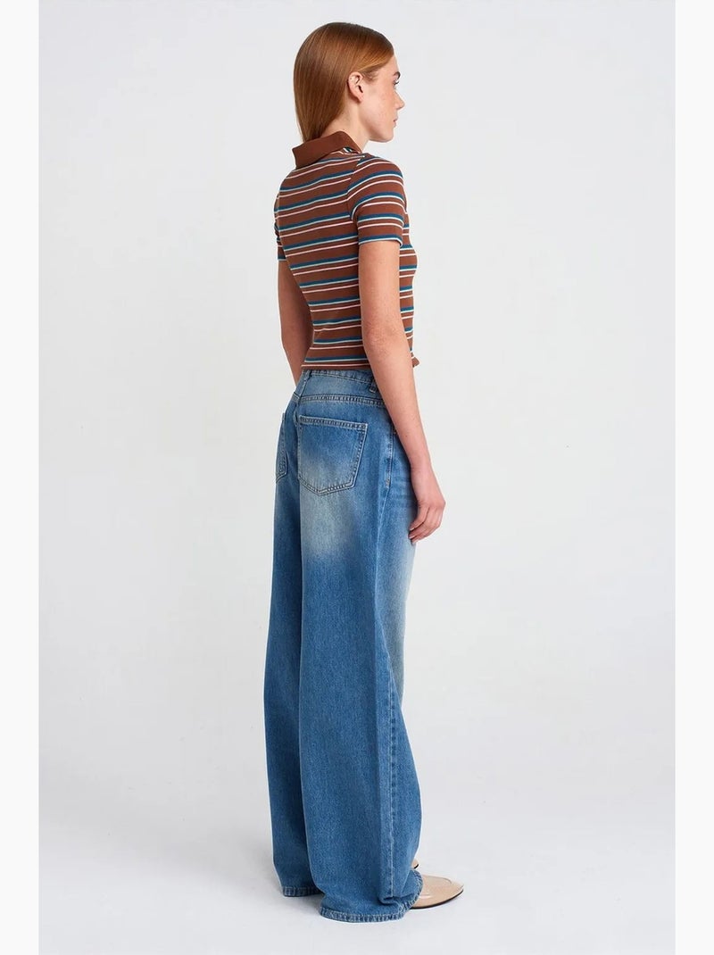 Jeans de ganga de algodão de cintura subida e perna larga dilvin Azul-safira - Kiabi