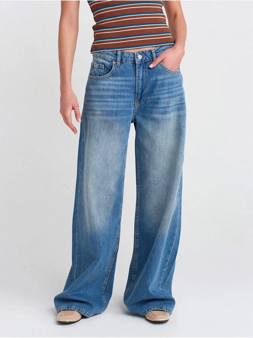 Jeans de ganga de algodão de cintura subida e perna larga dilvin - Kiabi Jeans de ganga de algodão de cintura subida e perna larga dilvin - Kiabi