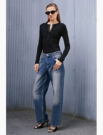 Jeans de ganga de algodão de cintura subida e perna larga dilvin