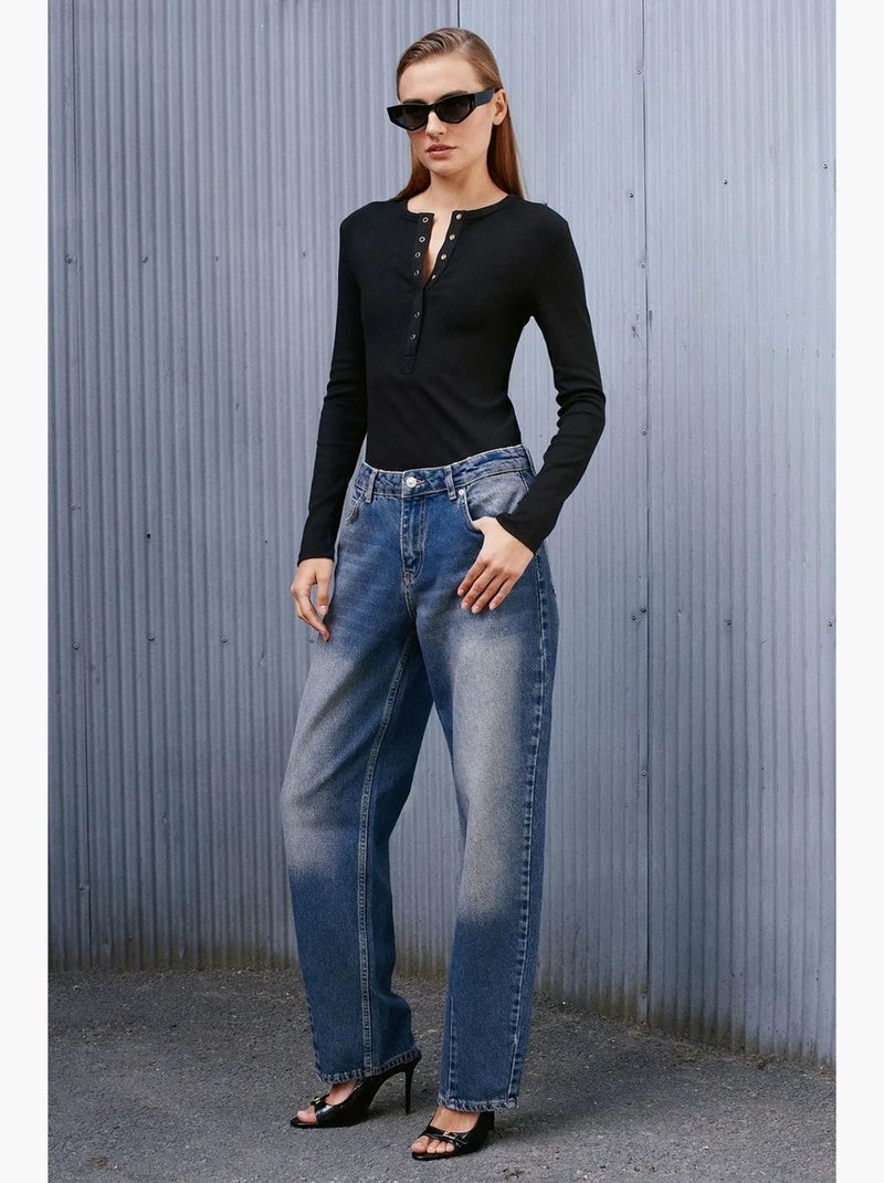 Jeans de ganga de algodão de cintura subida e perna larga dilvin Azul-safira - Kiabi