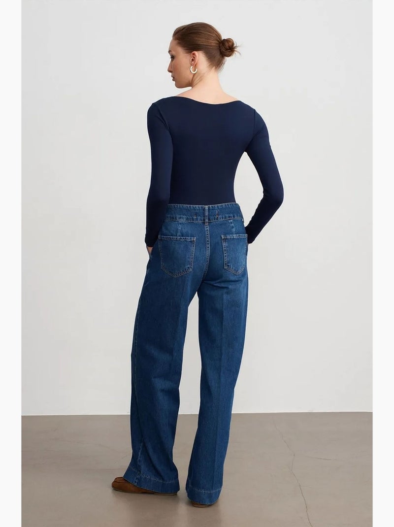 Jeans de ganga de algodão de cintura subida e perna larga dilvin Azul-safira - Kiabi