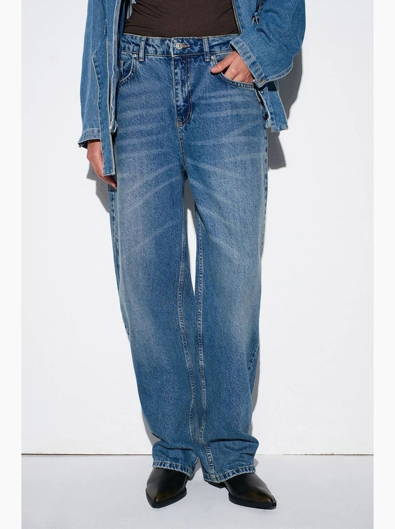 Jeans de ganga de algodão de cintura subida e perna larga dilvin Azul-safira - Kiabi