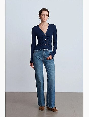 Jeans de ganga de algodão de cintura subida e perna larga dilvin