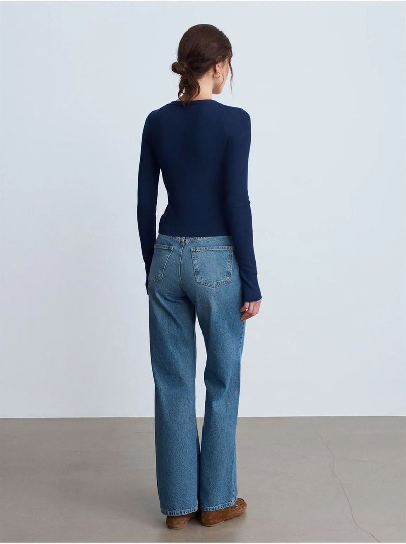 Jeans de ganga de algodão de cintura subida e perna larga dilvin Azul-safira - Kiabi