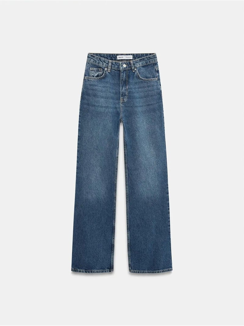 Jeans de ganga de algodão de cintura subida e perna larga dilvin Azul-safira - Kiabi