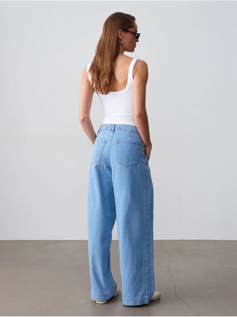 Jeans de ganga de algodão de cintura subida e perna larga dilvin Azul-safira - Kiabi