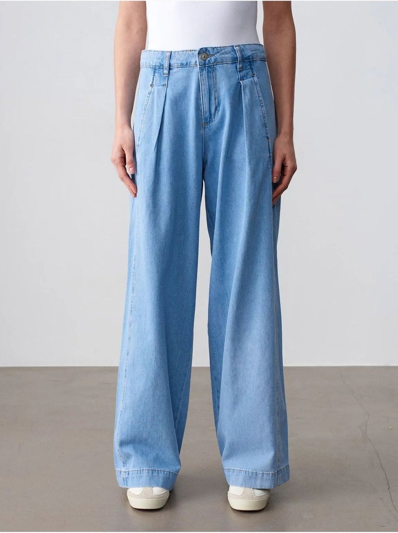 Jeans de ganga de algodão de cintura subida e perna larga dilvin Azul-safira - Kiabi