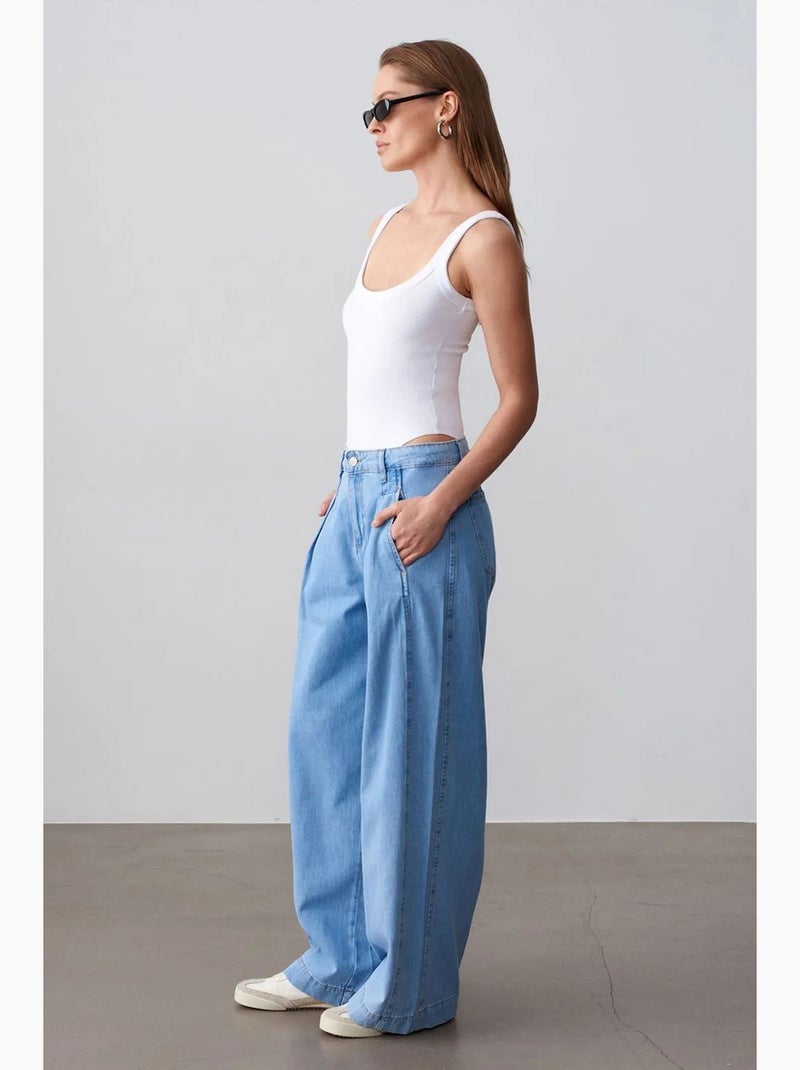 Jeans de ganga de algodão de cintura subida e perna larga dilvin Azul-safira - Kiabi