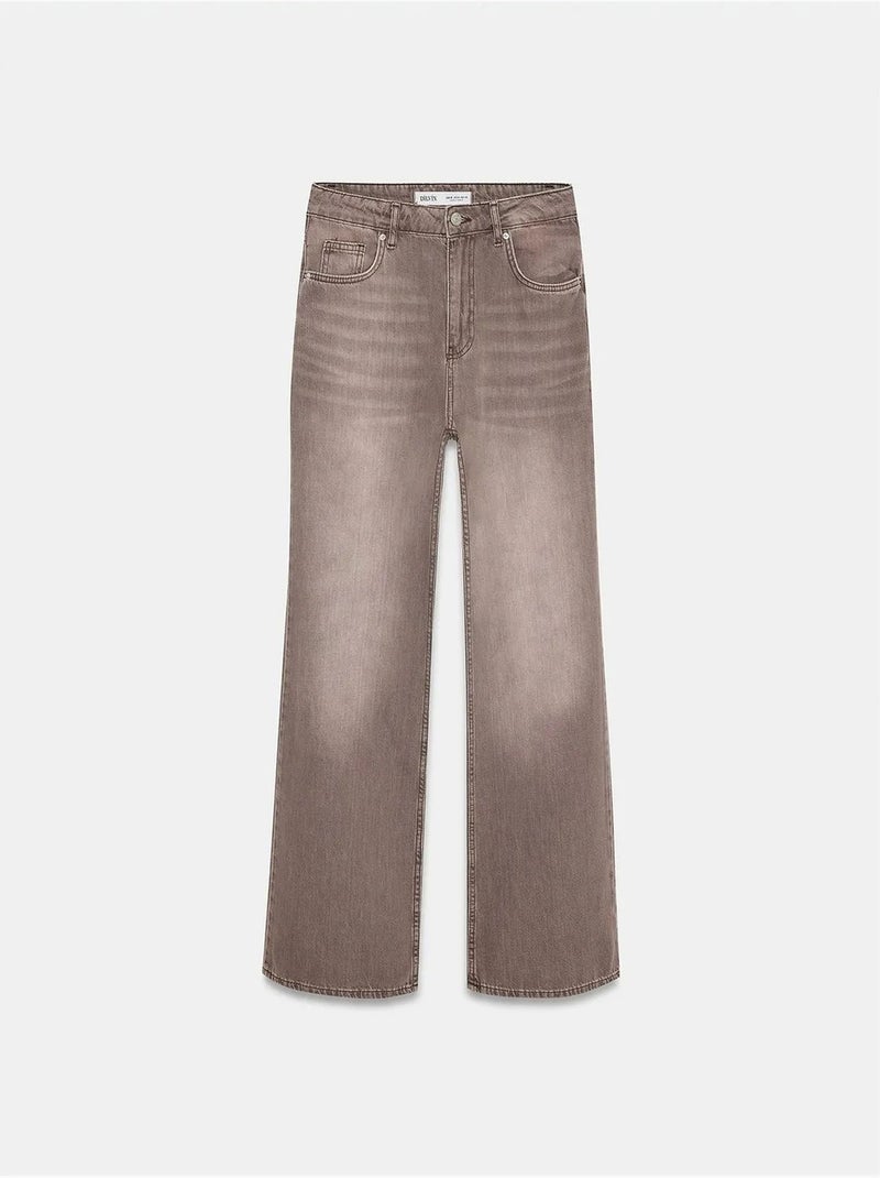 Jeans de ganga de algodão de cintura subida e perna larga dilvin Castanho - Kiabi