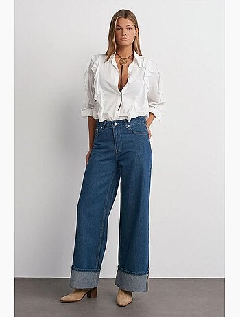 Jeans de ganga de algodão de cintura subida e perna larga e larga dilvin