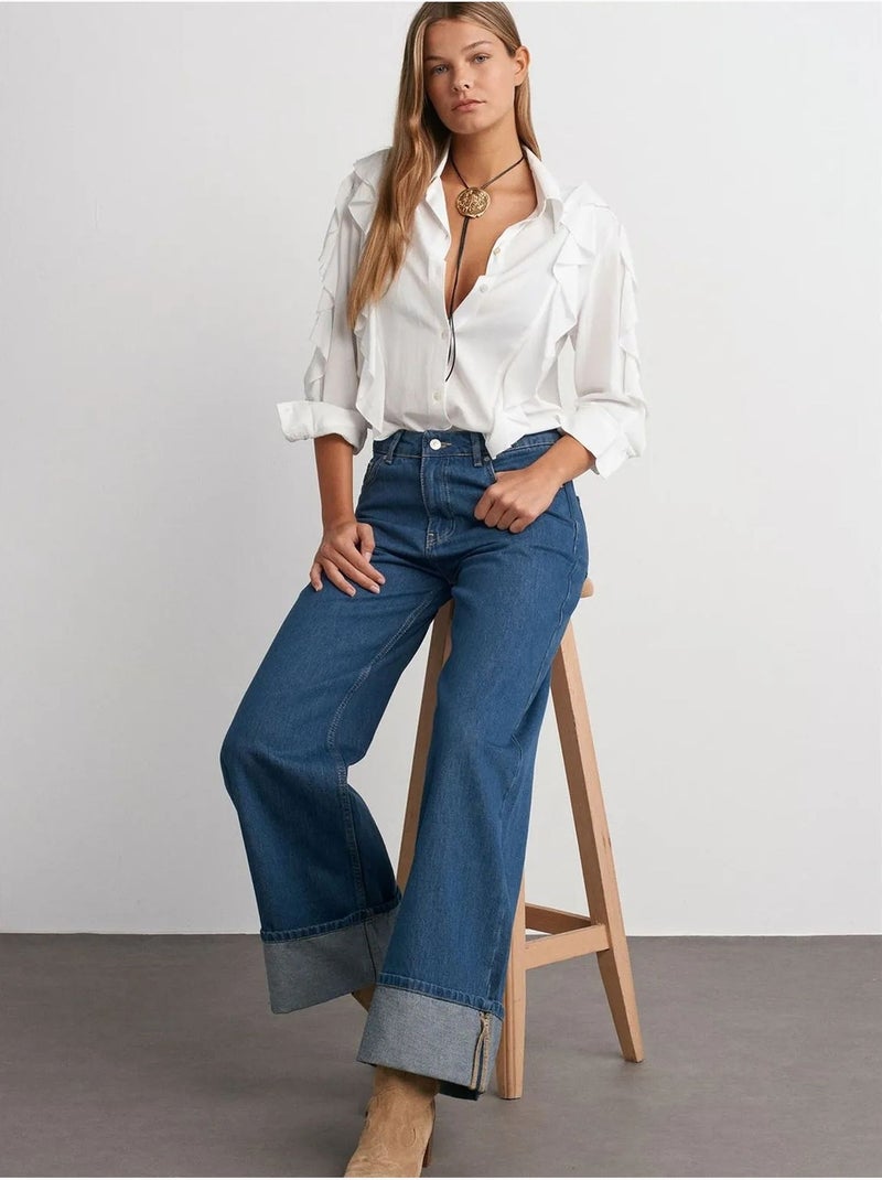 Jeans de ganga de algodão de cintura subida e perna larga e larga dilvin Azul-safira - Kiabi