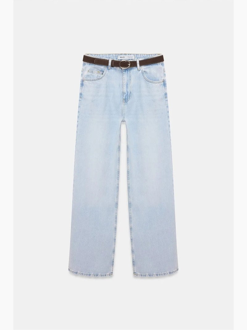 Jeans de ganga de algodão de cintura subida e perna larga larga dilvin Azul claro - Kiabi