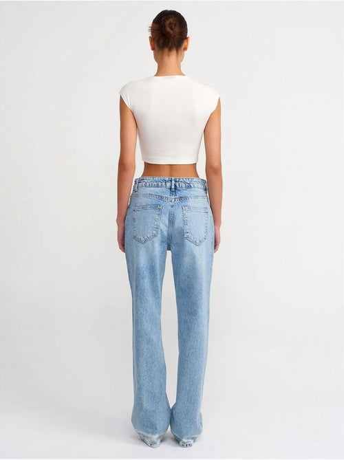 Jeans de ganga de algodão de cintura subida e perna reta dilvin - Kiabi