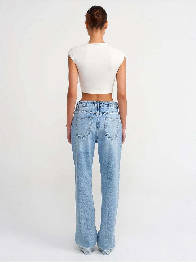 Jeans de ganga de algodão de cintura subida e perna reta dilvin Azul-safira - Kiabi