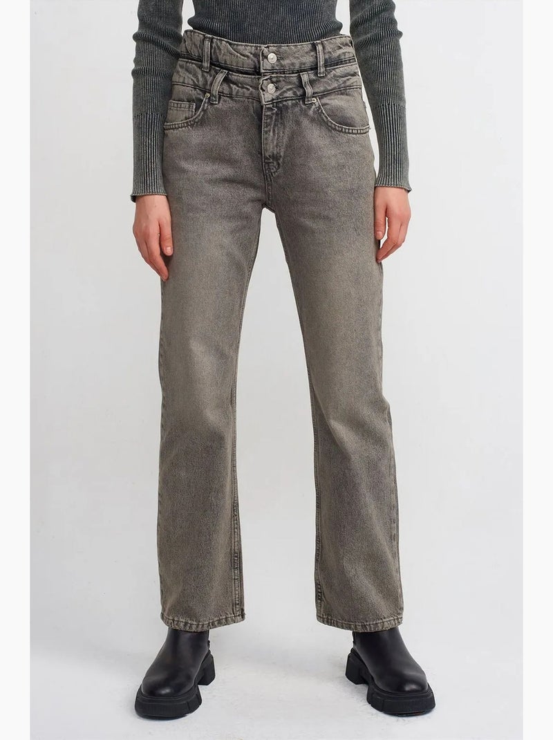 Jeans de ganga de algodão de cintura subida e perna reta dilvin Cinza-preto - Kiabi