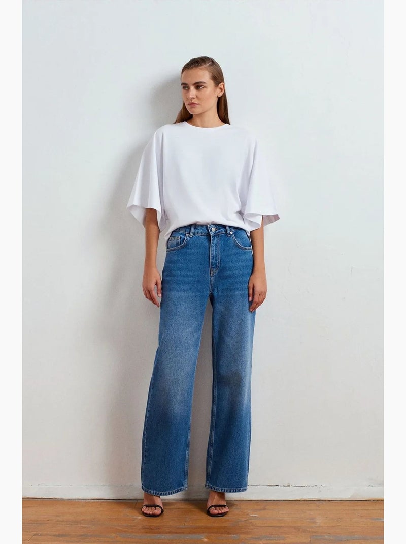 Jeans de ganga de cintura subida e perna larga dilvin Azul-safira - Kiabi