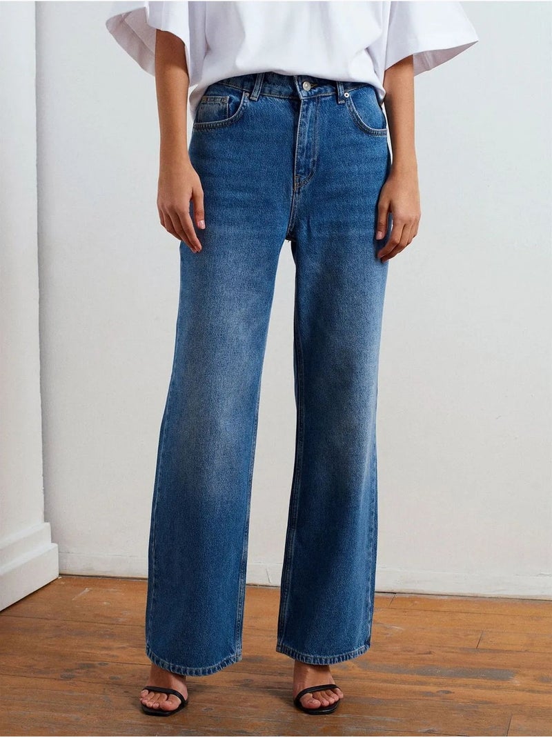 Jeans de ganga de cintura subida e perna larga dilvin Azul-safira - Kiabi