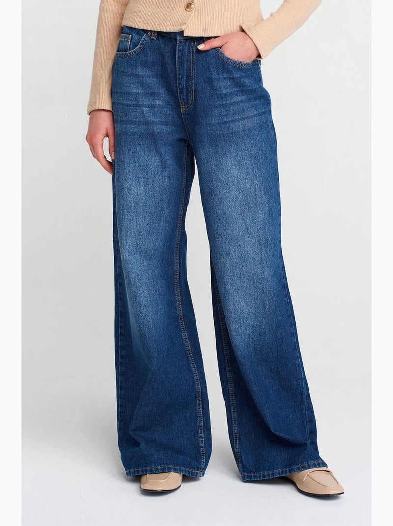 Jeans de ganga de cintura subida e perna larga e larga dilvin Azul-safira - Kiabi