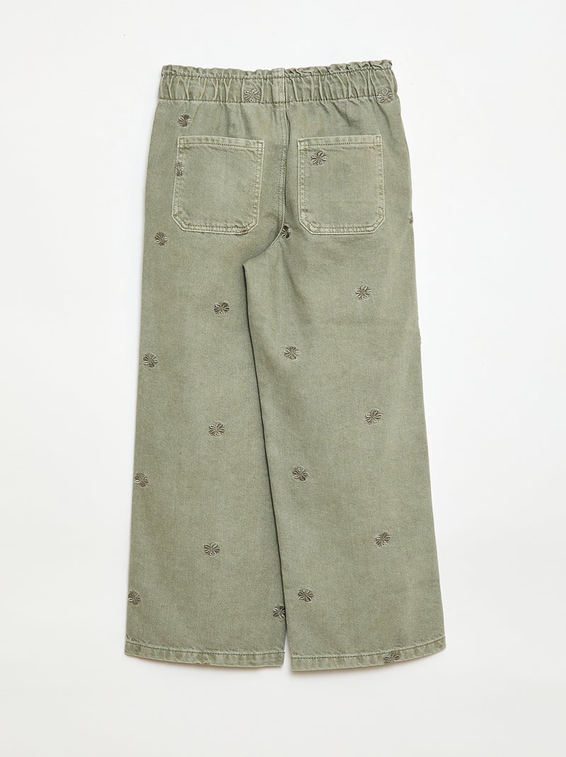 Jeans de perna larga com padrão bordado Caqui - Kiabi