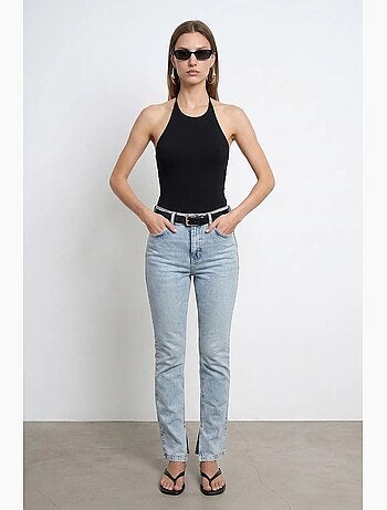 Jeans femininos de cintura alta e perna reta dilvin