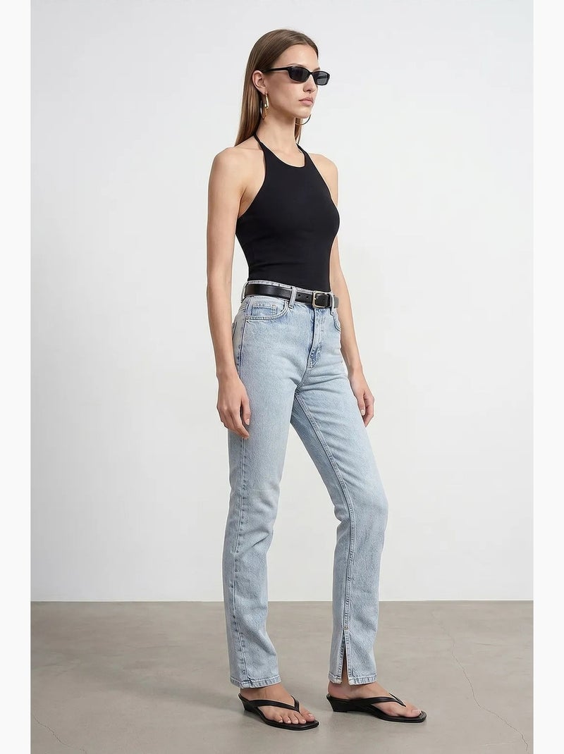 Jeans femininos de cintura alta e perna reta dilvin Azul claro - Kiabi