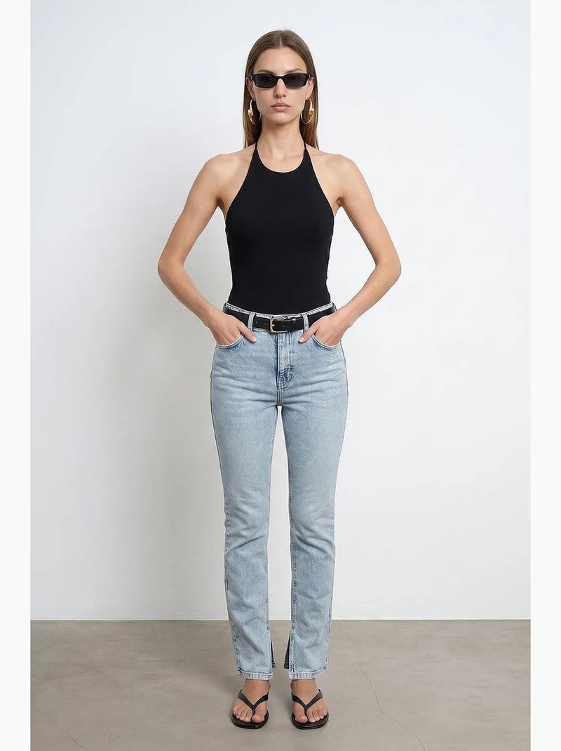 Jeans femininos de cintura alta e perna reta dilvin Azul claro - Kiabi