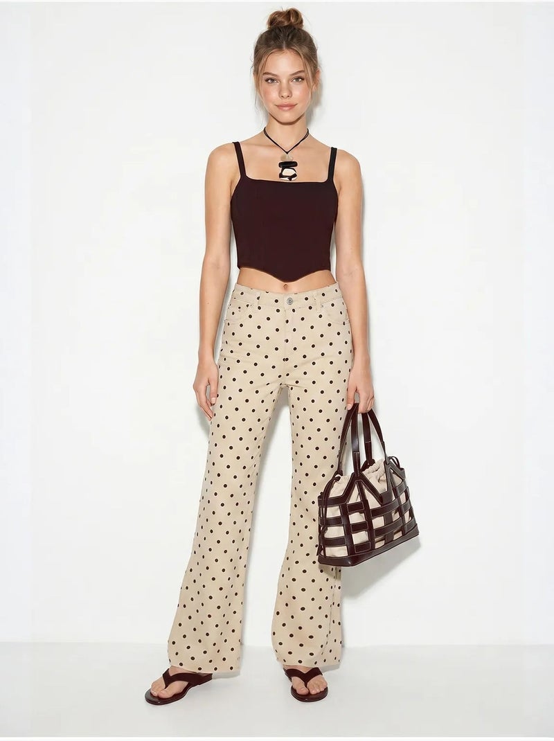 Jeans flare de mulher de cintura média com bolinhas lucci Bege-argila - Kiabi