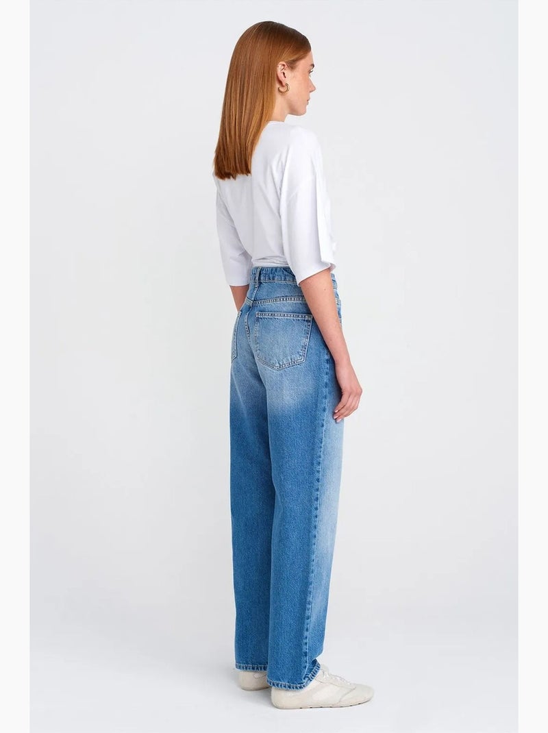 Jeans mom de cintura subida e perna larga e larga dilvin Azul-safira - Kiabi